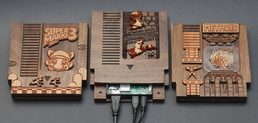 Coque Raspberry Pi cartouches Nintendo en bois.